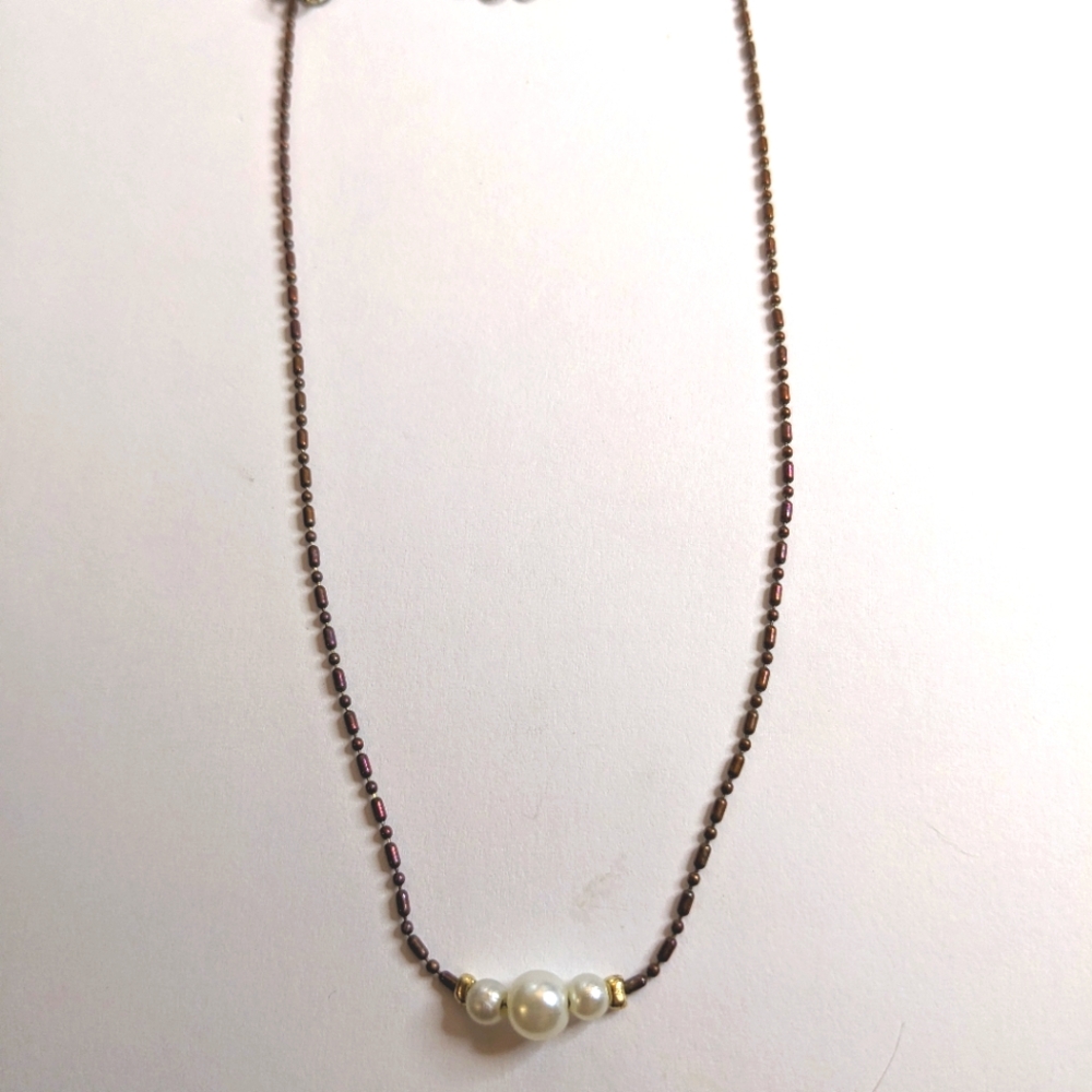 Vintage Signed LC Liz Claibone Bronze Seed Beads &‎ Simulated Peal Necklace Da - Picture 6 of 6